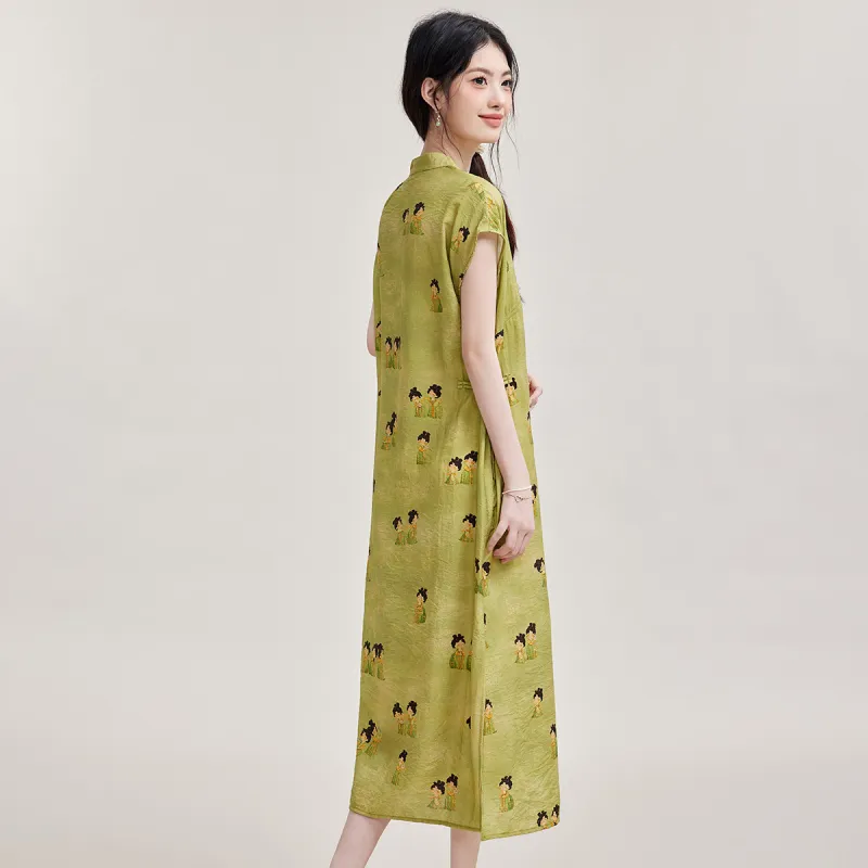 Emodues SS24 Short Sleeved Dress Women's Green Lady Painting-2