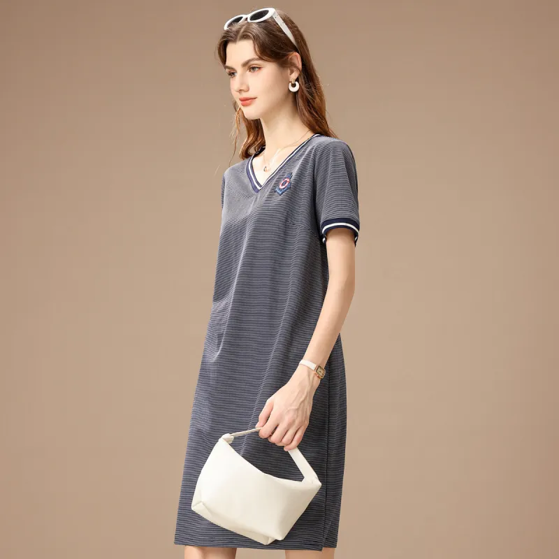 FENHONGMALI Short Sleeved Dress Women's Blue-3