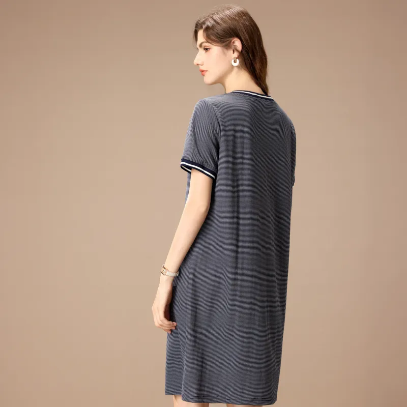 FENHONGMALI Short Sleeved Dress Women's Blue-2