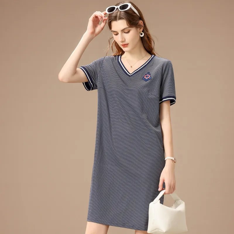 FENHONGMALI Short Sleeved Dress Women's Blue-1