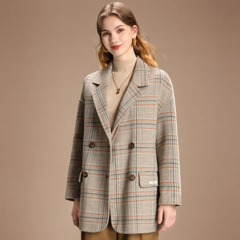 FENHONGMALI Coat Women's Camel White Plaid-1
