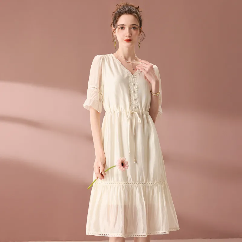 FENHONGMALI Short Sleeved Dresses Women's Apricot-1
