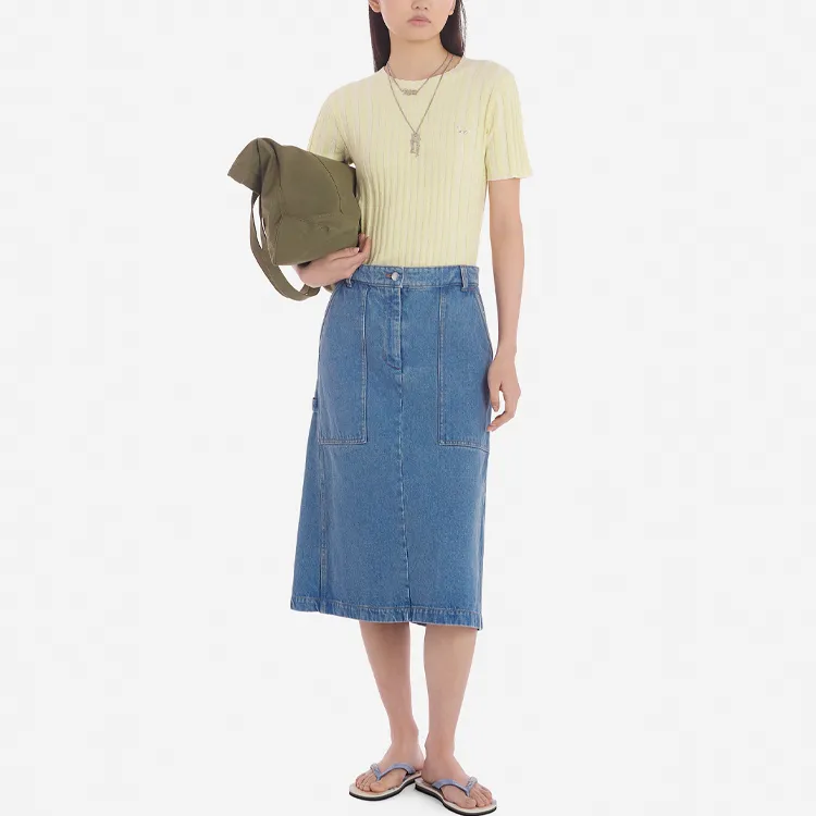 Maison Kitsune Logo Embroidered A Line Denim Midi Skirt-2