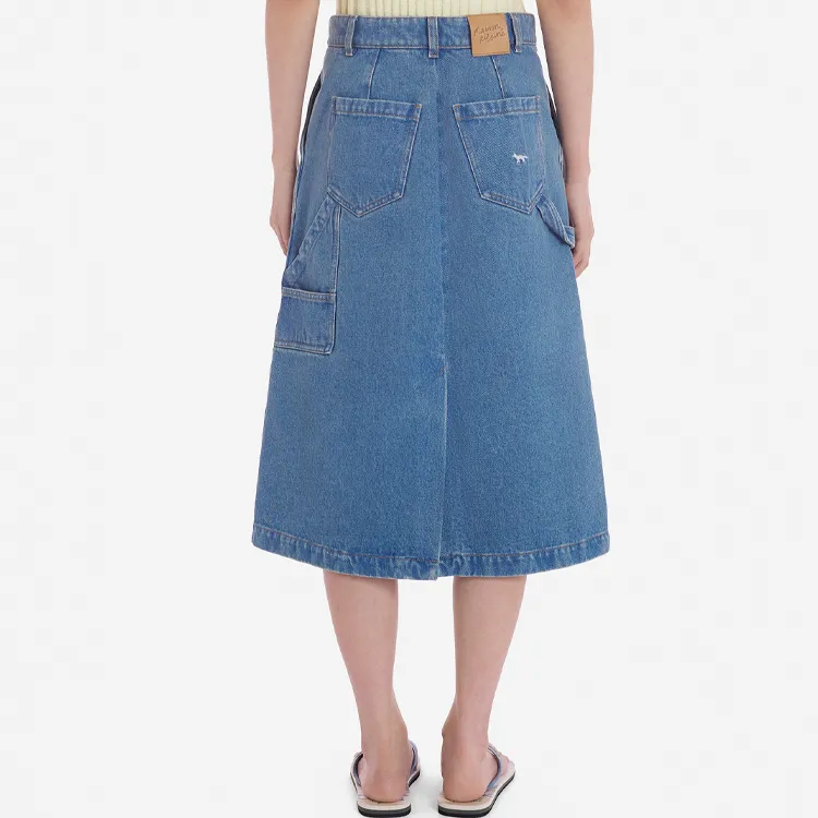 Maison Kitsune Logo Embroidered A Line Denim Midi Skirt-4