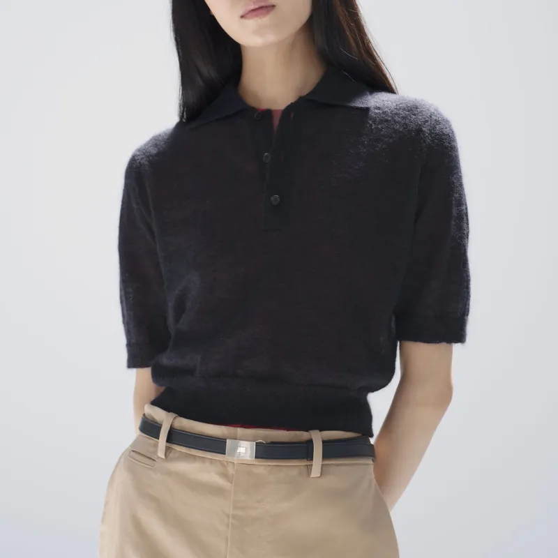 Auralee Kid Mohair Sheer Knit Polo 'Navy'-2