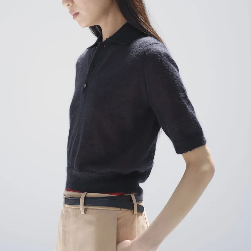 Auralee Kid Mohair Sheer Knit Polo 'Navy'-3