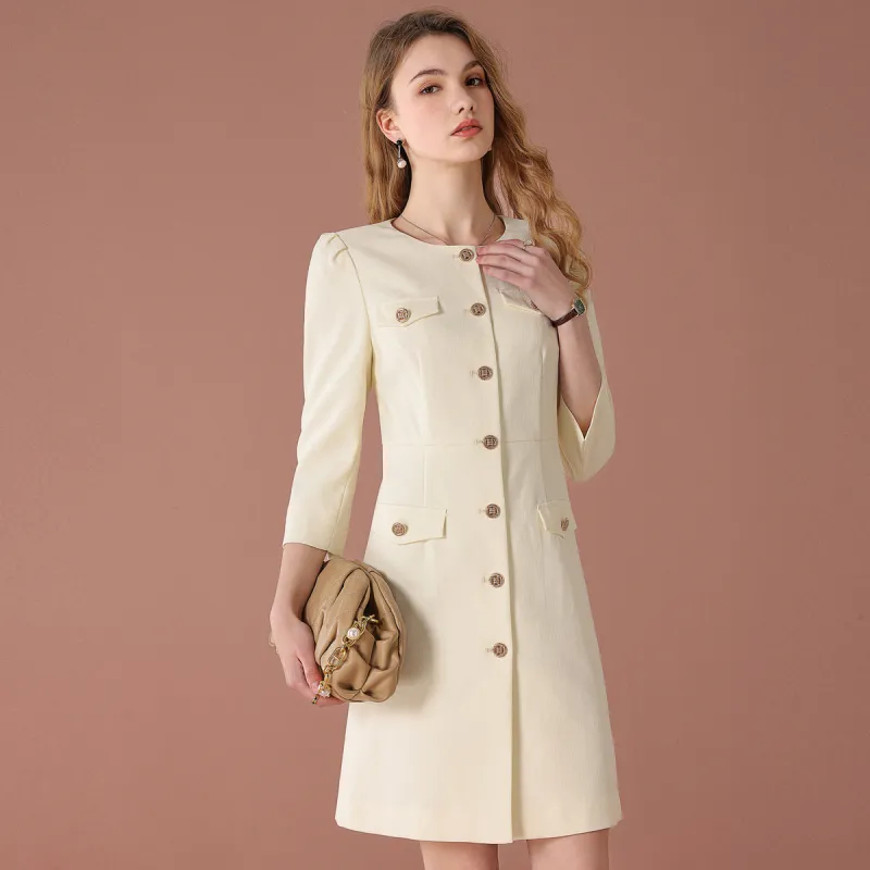 FENHONGMALI Long Sleeved Dresses Women's Beige-3