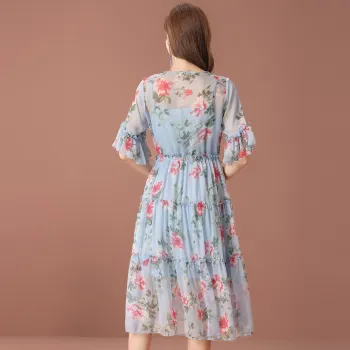 FENHONGMALI Short Sleeved Dresses Women's Blue With Floral