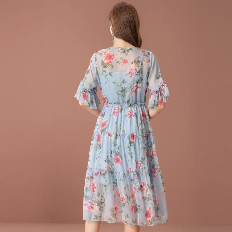 FENHONGMALI Short Sleeved Dresses Women's Blue With Floral-0