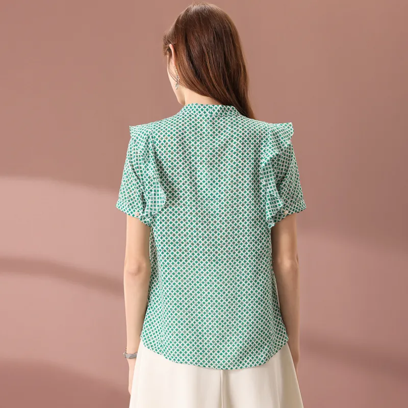 FENHONGMALI Shirt Women's Green White Plaid-1
