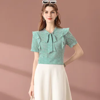 FENHONGMALI Shirt Women's Green White Plaid