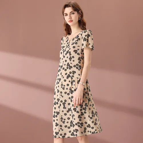 FENHONGMALI Short-Sleeved Dresses Women's Apricot