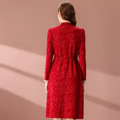 FENHONGMALI Long-Sleeved Dresses Women's Red