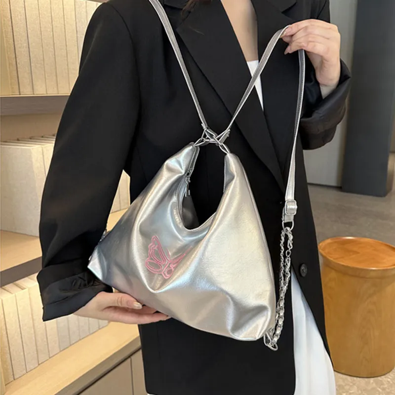 Dusen Kangaroo PU Crossbody Bag, Shoulder Bag Regular Women's White/Black/Silver-10