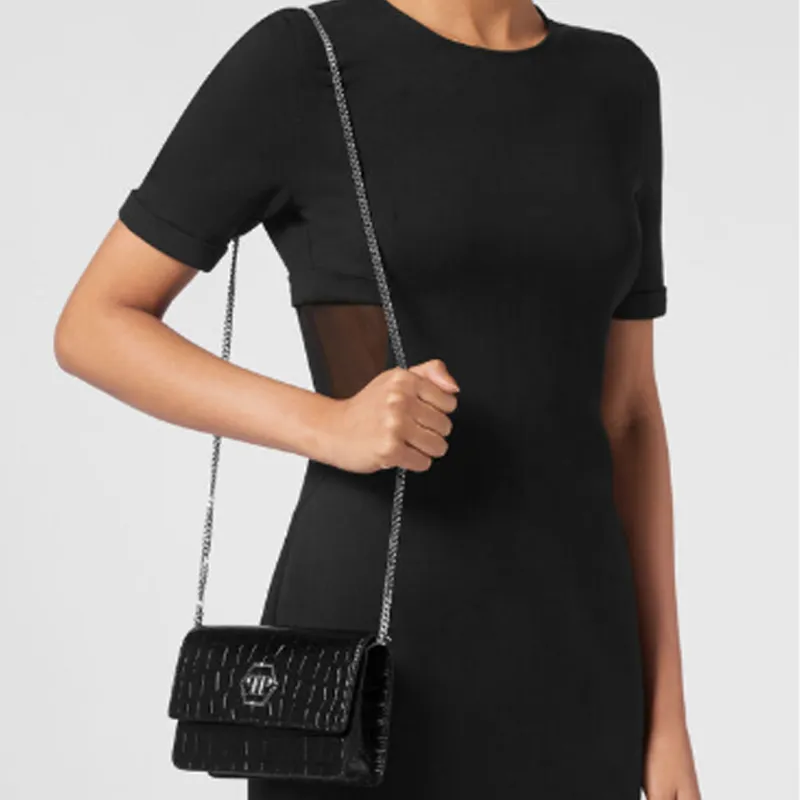 PHILIPP PLEIN Crocodile Pattern Leather Handheld Crossbody Bag Shoulder Bag Medium Size Women's Black-4