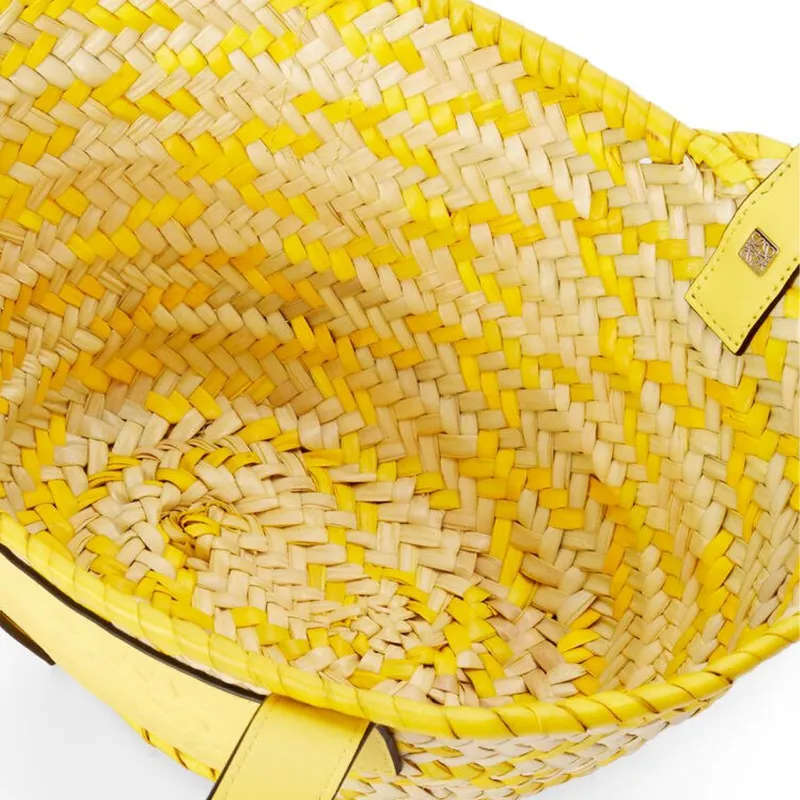 LOEWE Anagram Basket Palm Leaf With Calfskin Tote Bag Shopping Bag Handbag Small Size Women's Lemon/Natural-3