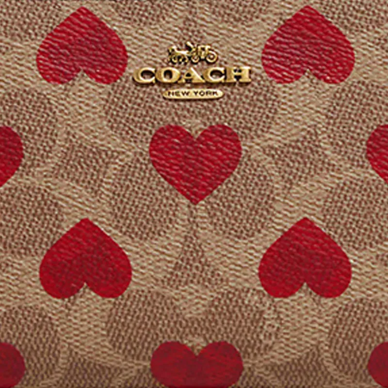 COACH Accordion Zip Canvas With Leather Trunk Bag Wallet Medium Size Women's Brown/Red-3