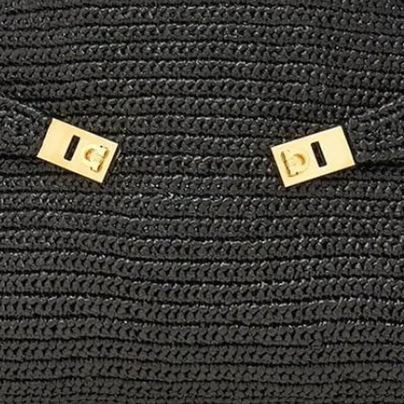 FERRAGAMO Raffia Fiber Product Calfskin Shoulder Bag, Crossbody Bag, Handbag Medium Size Women's Black-5