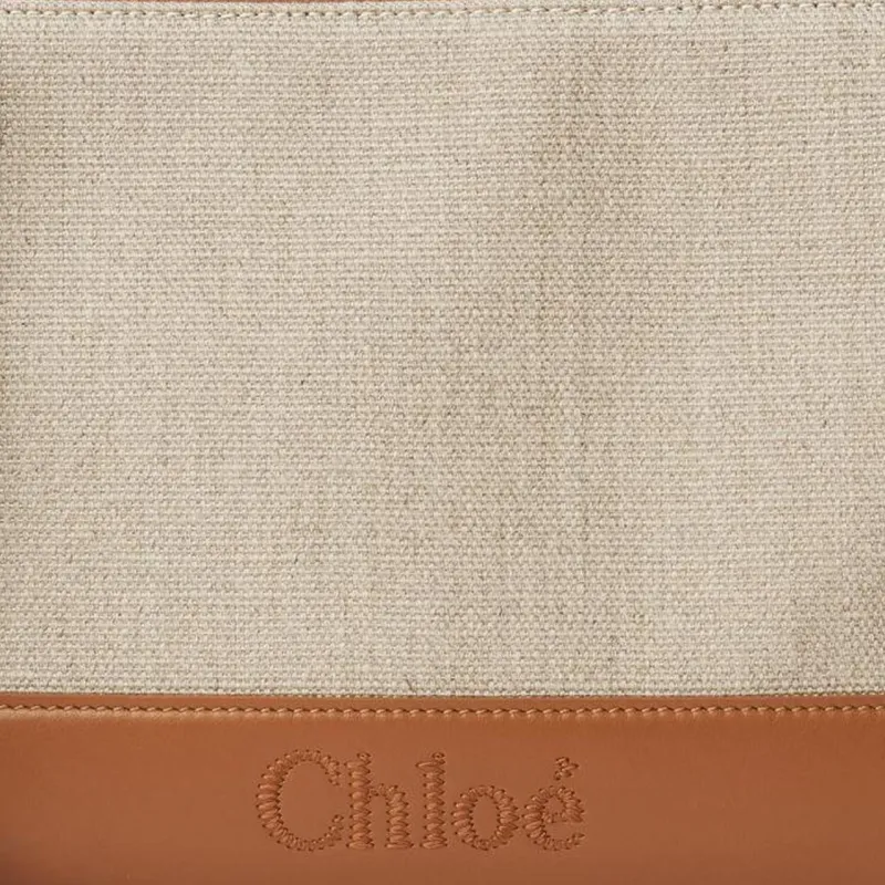 Chloe Linen With Shiny Calfskin Clutch Women's Caramel-4