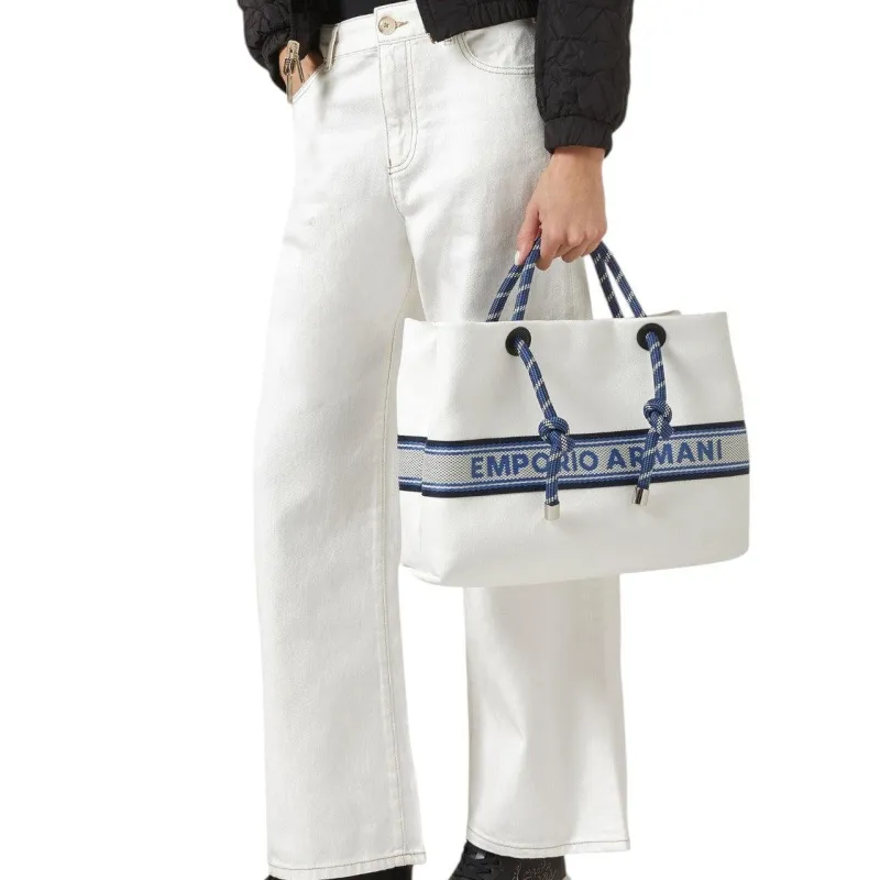 EMPORIO ARMANI MyEA Canvas Tote Bag, Shopping Bag, Canvas Bag, Handbag Medium Size Women's White-4