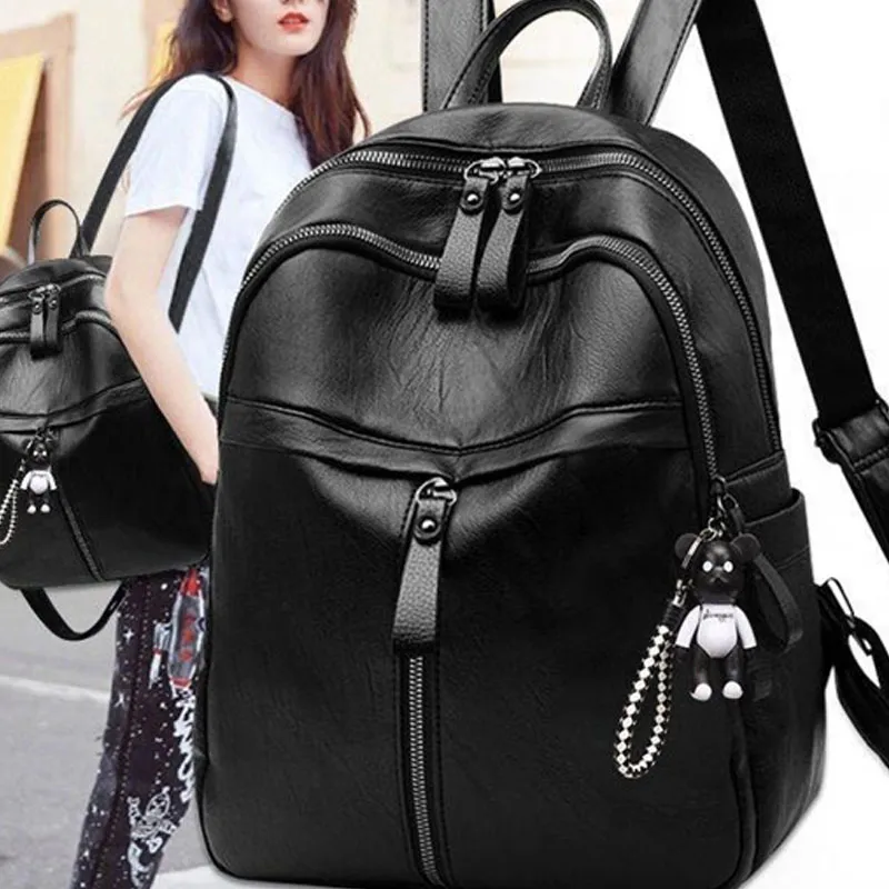 Dusen Kangaroo Pu Backpack Medium Size Unisex Black-2