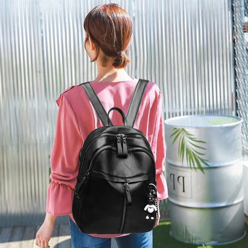 Dusen Kangaroo Pu Backpack Medium Size Unisex Black-1