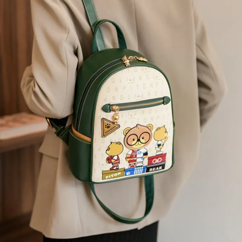 North Pack PU Cartoon Bear Bag Versatile Stylish Minimalist Women's Bag, Black/Green Women's-5