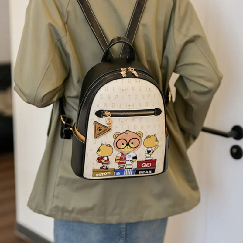 North Pack PU Cartoon Bear Bag Versatile Stylish Minimalist Women's Bag, Black/Green Women's-1
