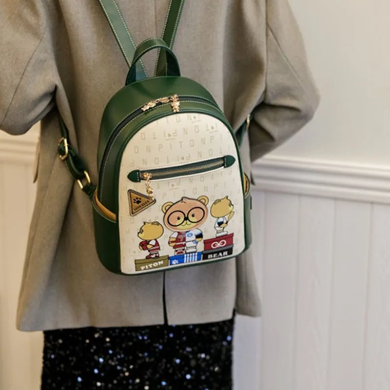 North Pack PU Cartoon Bear Bag Versatile Stylish Minimalist Women's Bag, Black/Green Women's-7