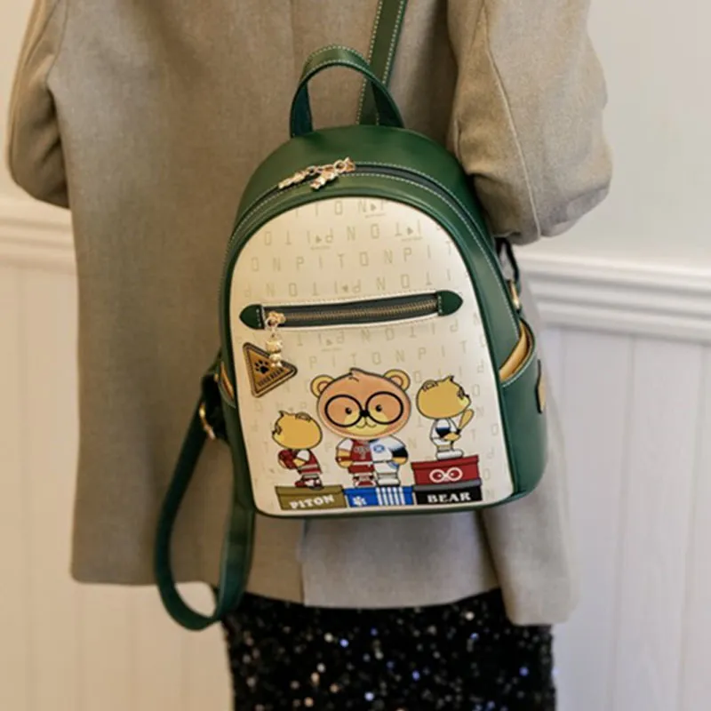North Pack PU Cartoon Bear Bag Versatile Stylish Minimalist Women's Bag, Black/Green Women's-6