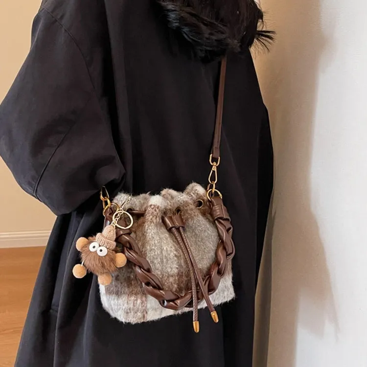 Worm's Home Woolen Portable Bucket Bag Crossbody Bag Regular Women's Brown/Coffee-1