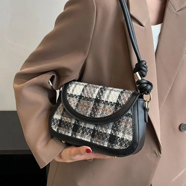 NOMK Woolen Crossbody Bag, Shoulder Bag Regular Women's Dark Brown & Black-2
