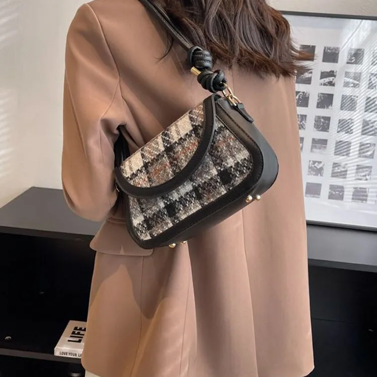 NOMK Woolen Crossbody Bag, Shoulder Bag Regular Women's Dark Brown & Black-1