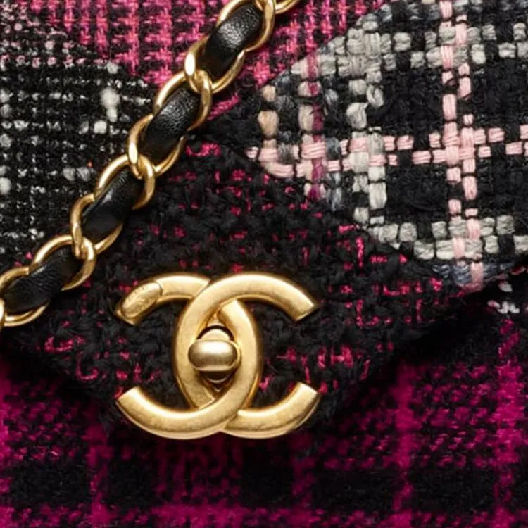 CHANEL Twill Soft Woolen Patchwork Fabric & Gold Metal Flap Bag, Shoulder Bag, Crossbody Bag Women's Black/Pink/White-3