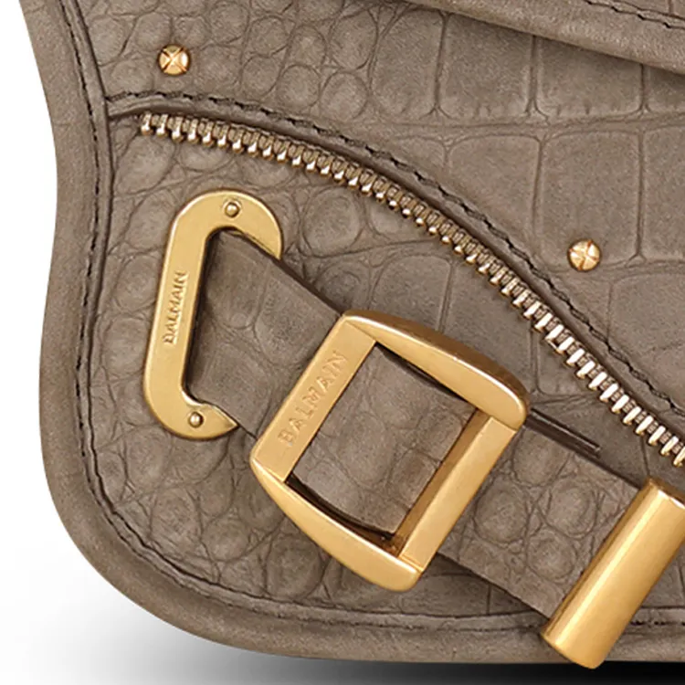 BALMAIN Crocodile Embossed Calfskin One Shoulder Crossbody Clutch Handbag Regular Women's Gray-4
