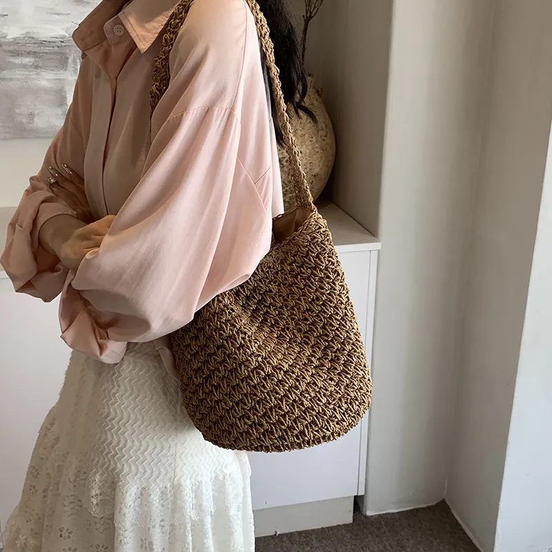 Morellybear Straw Woven Shoulder Bag Regular Women's Khaki/Beige-1