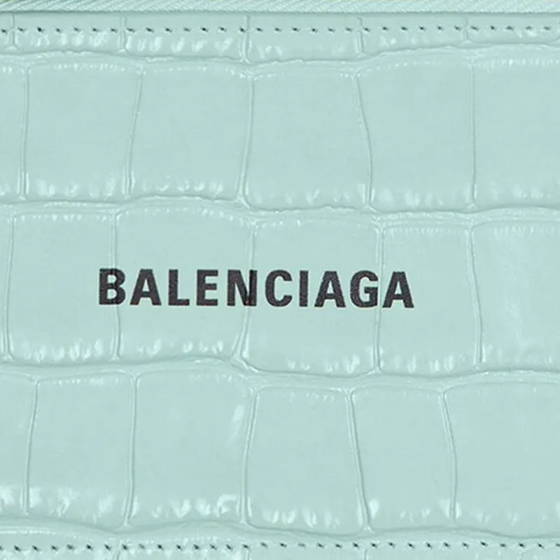 Balenciaga Cash Shiny Crocodile Pattern Embossed Cow Leather Coin Purse Card Clip Card Holder Large Size Women's Green-2