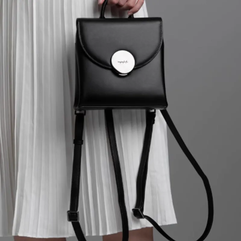 INJOYLIFE Cow Leather Backpack Small Size Women's Black-4