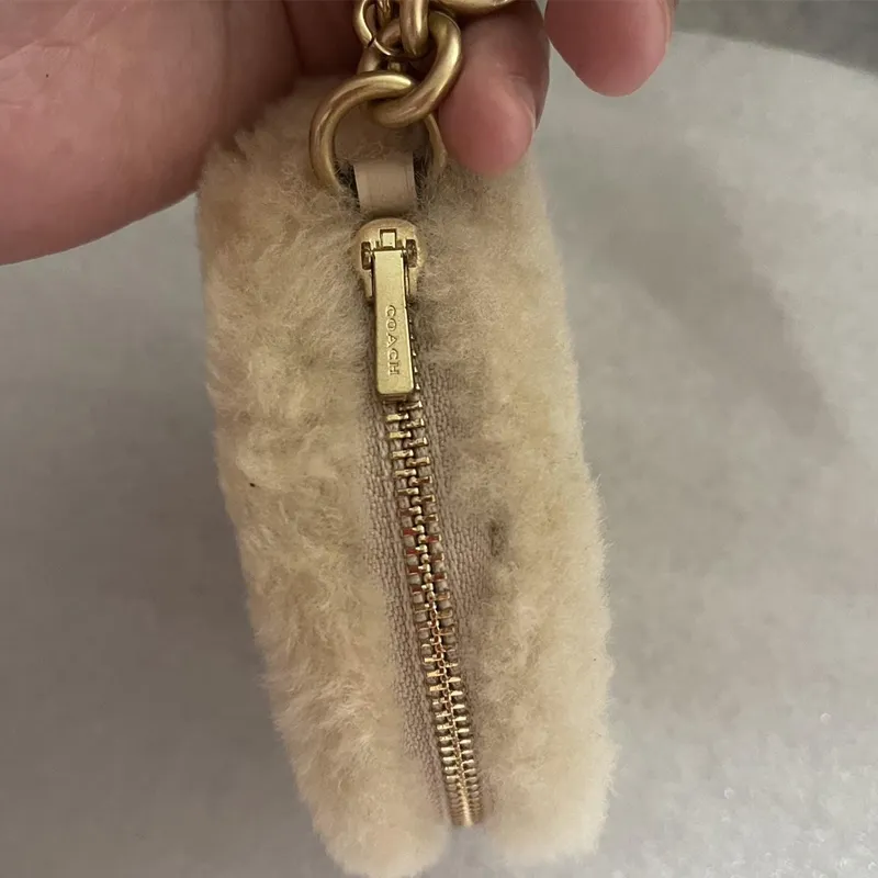 COACH Shearling Calfskin Wallet Coin Purse Unisex Beige-3