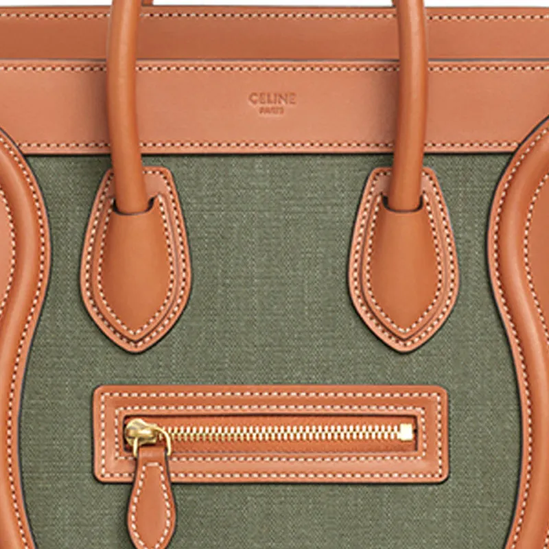 CELINE Luggage Fabric Cow Leather Patchwork One Shoulder Handbags Nano Women's Khaki Green/Tan-3