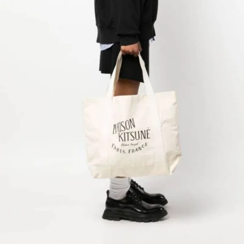 Maison Kitsune Cotton Tote Bag, Shopping Bag, Shoulder Bag, Handbag Regular Women's Beige-5