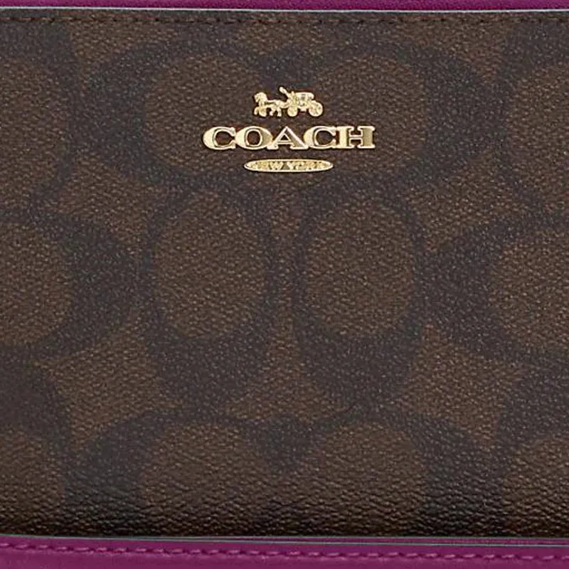 COACH Zip Around Coated Canvas With Leather Card Holder Wallet Women's Brown & Dark Red-2