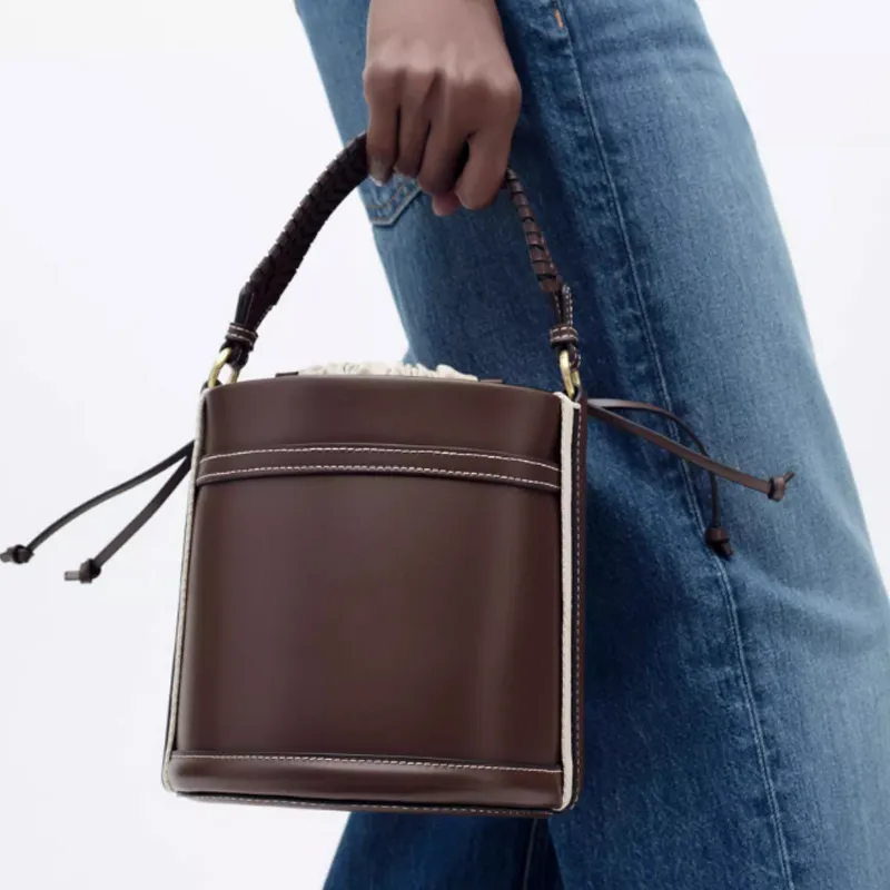 ZARA Polyurethane Bucket Bag, One Shoulder Handbag Small Size Women's Brown-4