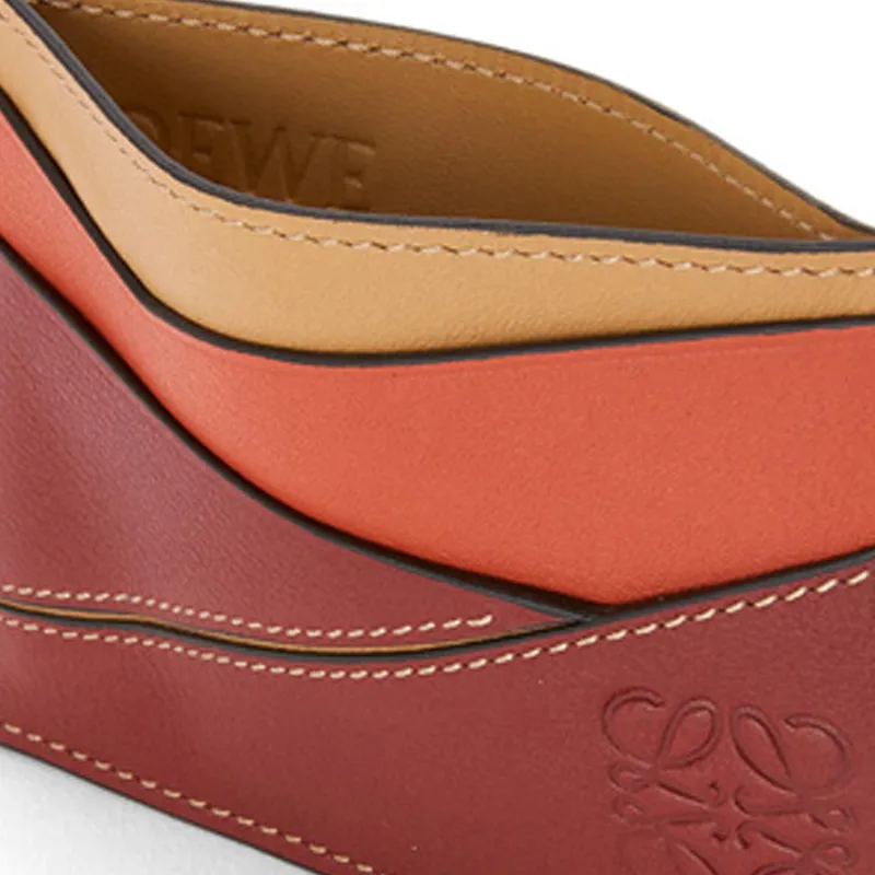 LOEWE Puzzle Calfskin Card Holder Women's Dark Red & Sand Dune-4