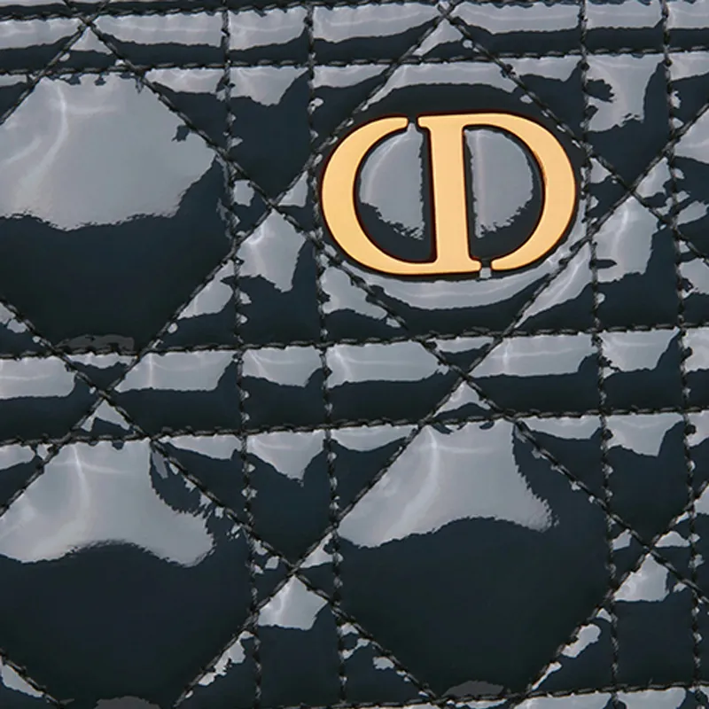 DIOR Caro Patent Leather Calfskin Handbag Clutch Large Size Women's Blue Black-2