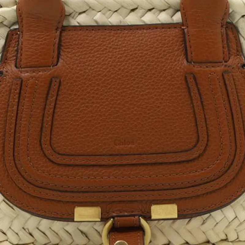 Chloe Marcie Woven Raffia With Grain Calfskin Basket Handbag Mini Women's Brown-4