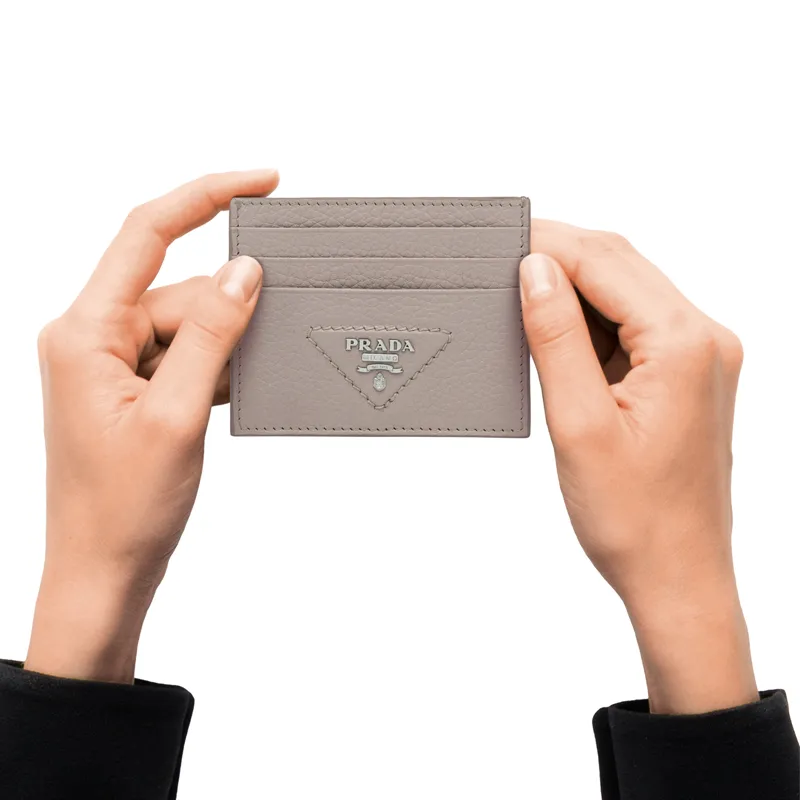 PRADA Leather Card Holder Women's Clay Gray-4