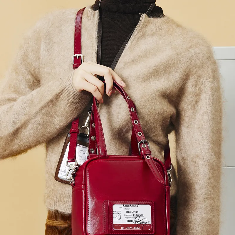 MCMIKO Cow Leather Handbag, Shoulder Bag, Crossbody Bag Unisex Pompeii Red/Honest Black-3
