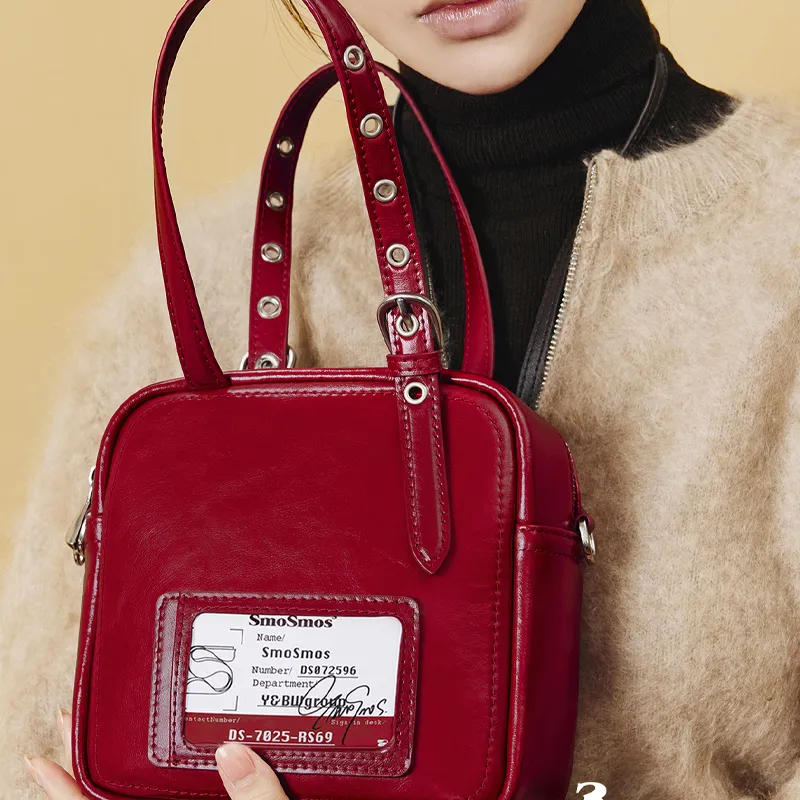 MCMIKO Cow Leather Handbag, Shoulder Bag, Crossbody Bag Unisex Pompeii Red/Honest Black-2