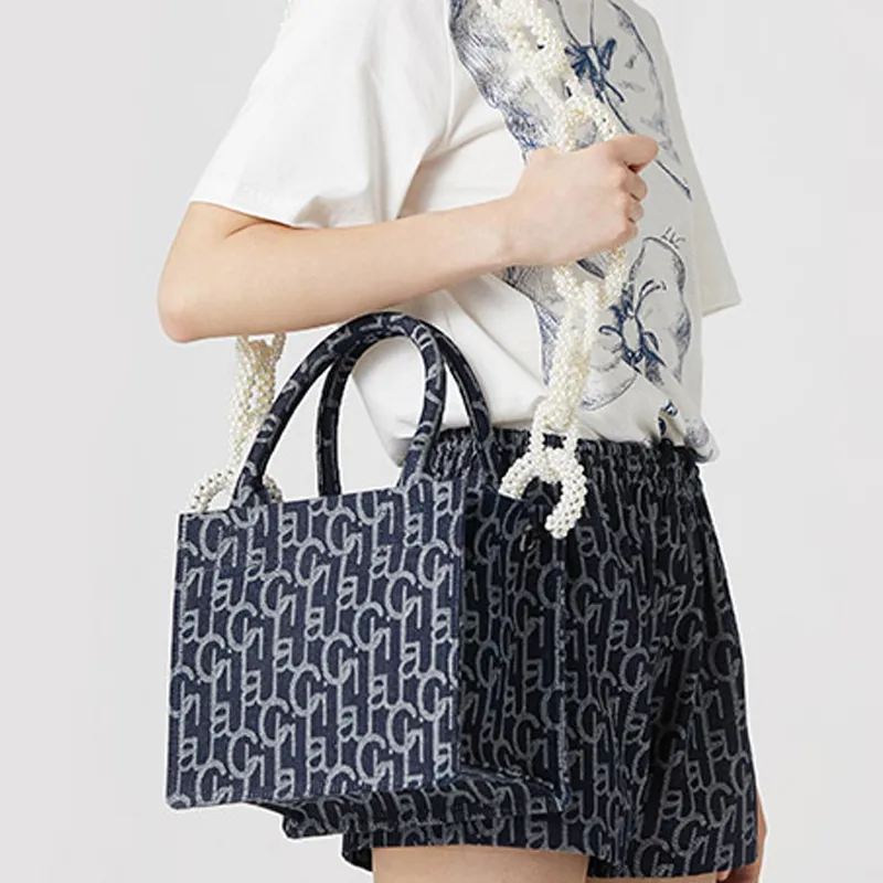 Laurence & Chico Denim Jacquard Tote Bag Shopping Bag Shoulder Bag Handbag Small Size Women's Dark Blue-3
